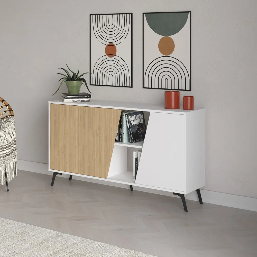 Fiona 3 Door 2 Shelf Sideboard - White, Oak