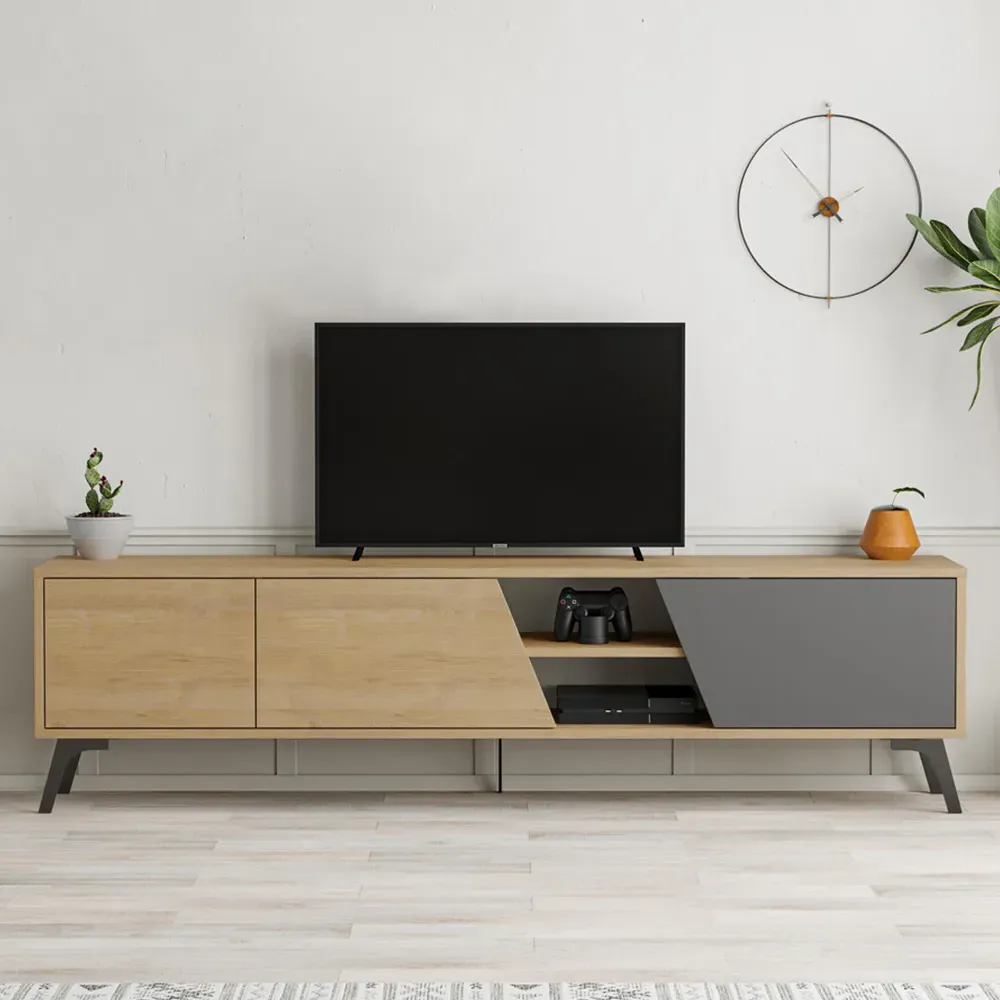 Fiona 3 Door TV Unit with Storage - Anthracite, Oak image