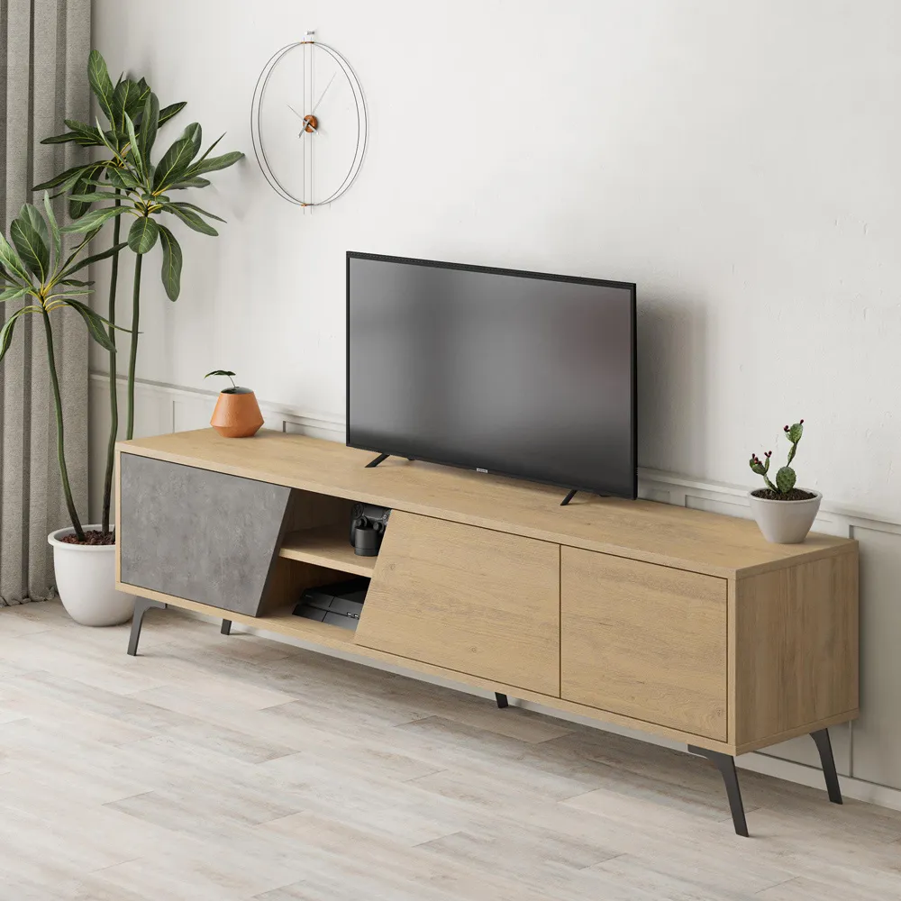 Fiona 3 Door TV Unit with Storage - Grey, Oak