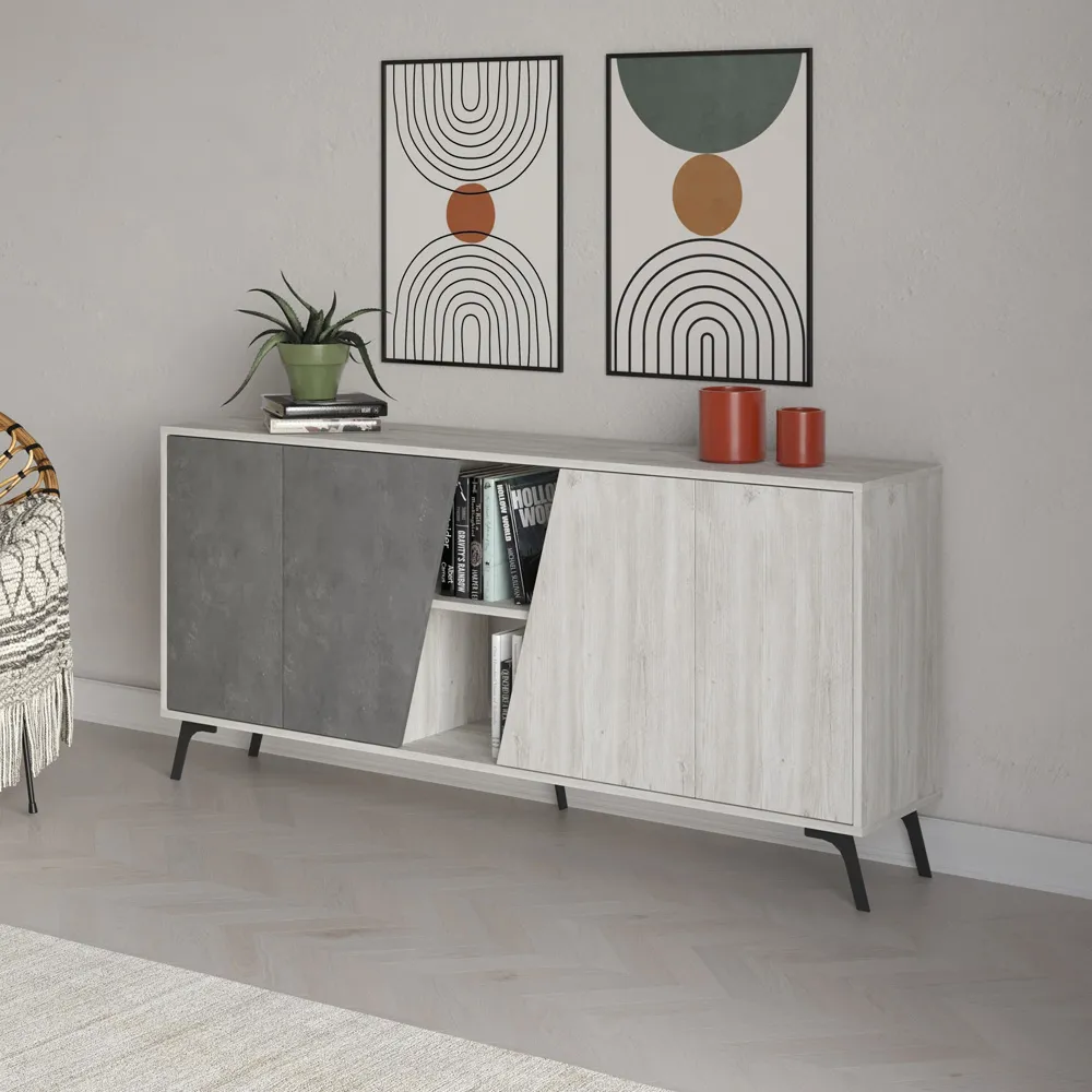 Fiona 4 Door 2 Shelf Sideboard - Ancient White, Retro Grey