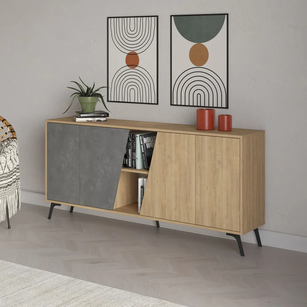 Fiona 4 Door 2 Shelf Sideboard - Oak, Retro Grey