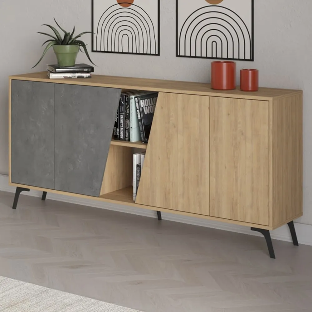 Fiona 4 Door 2 Shelf Sideboard - Oak, Retro Grey