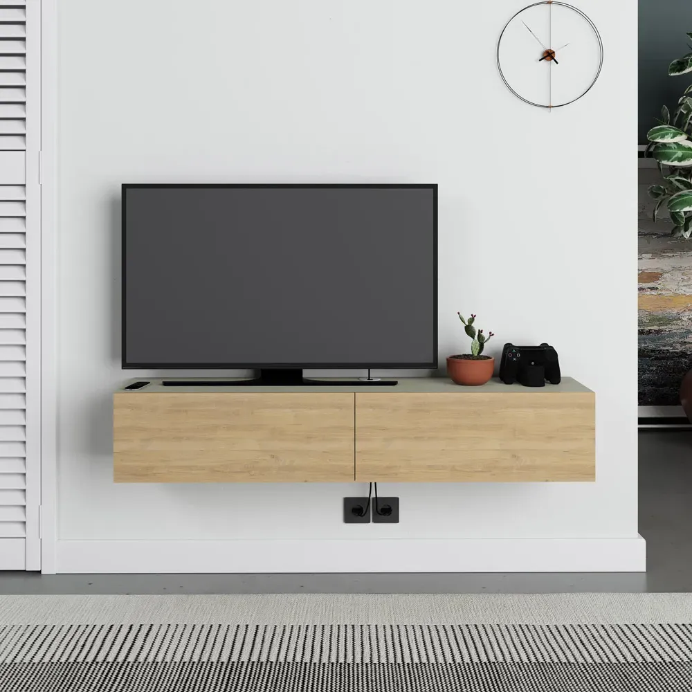 Francy 2 Door Wall Mounted TV Unit - Ash Green, Oak