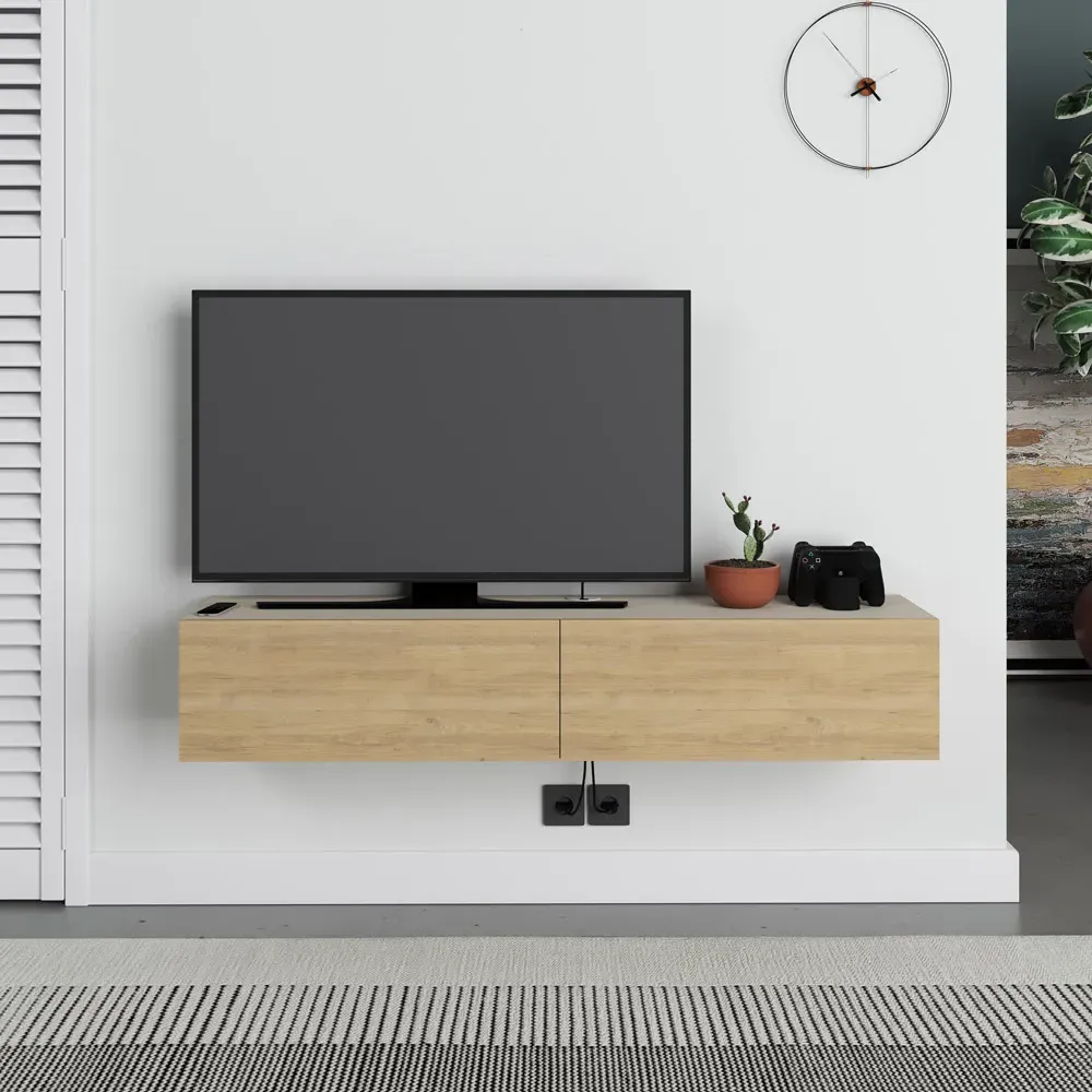 Francy 2 Door Wall Mounted TV Unit - Sandstone, Oak