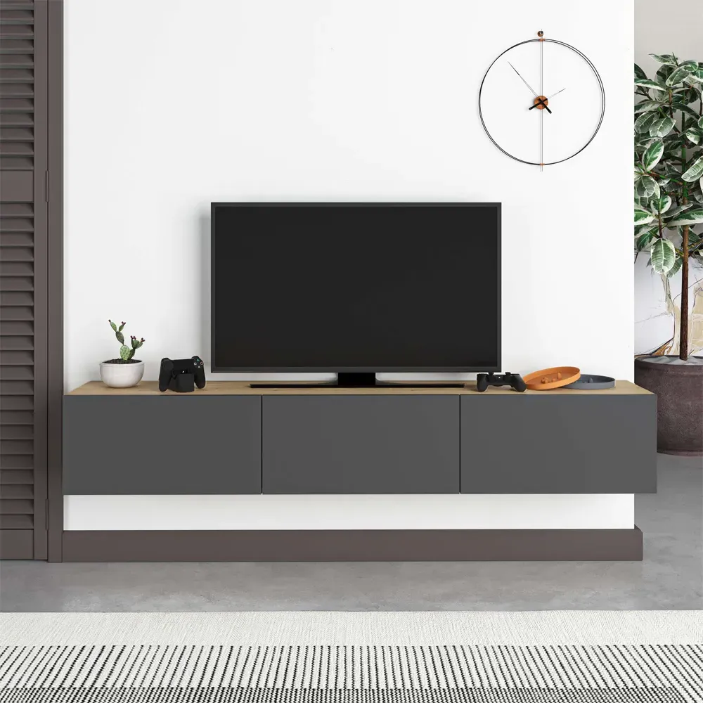 Francy Wall-Mounted TV Unit with Storage - Oak, Anthracite