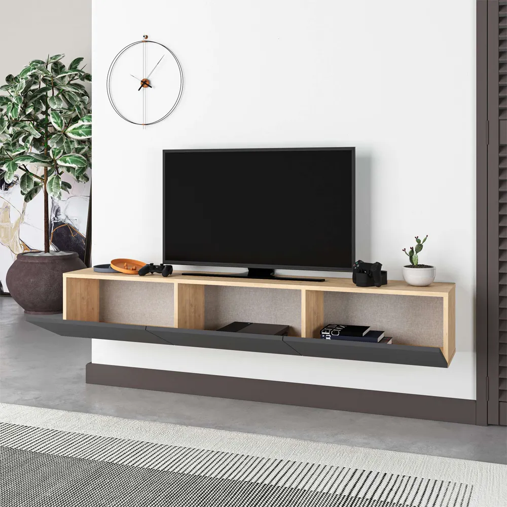 Francy Wall-Mounted TV Unit with Storage - Oak, Anthracite