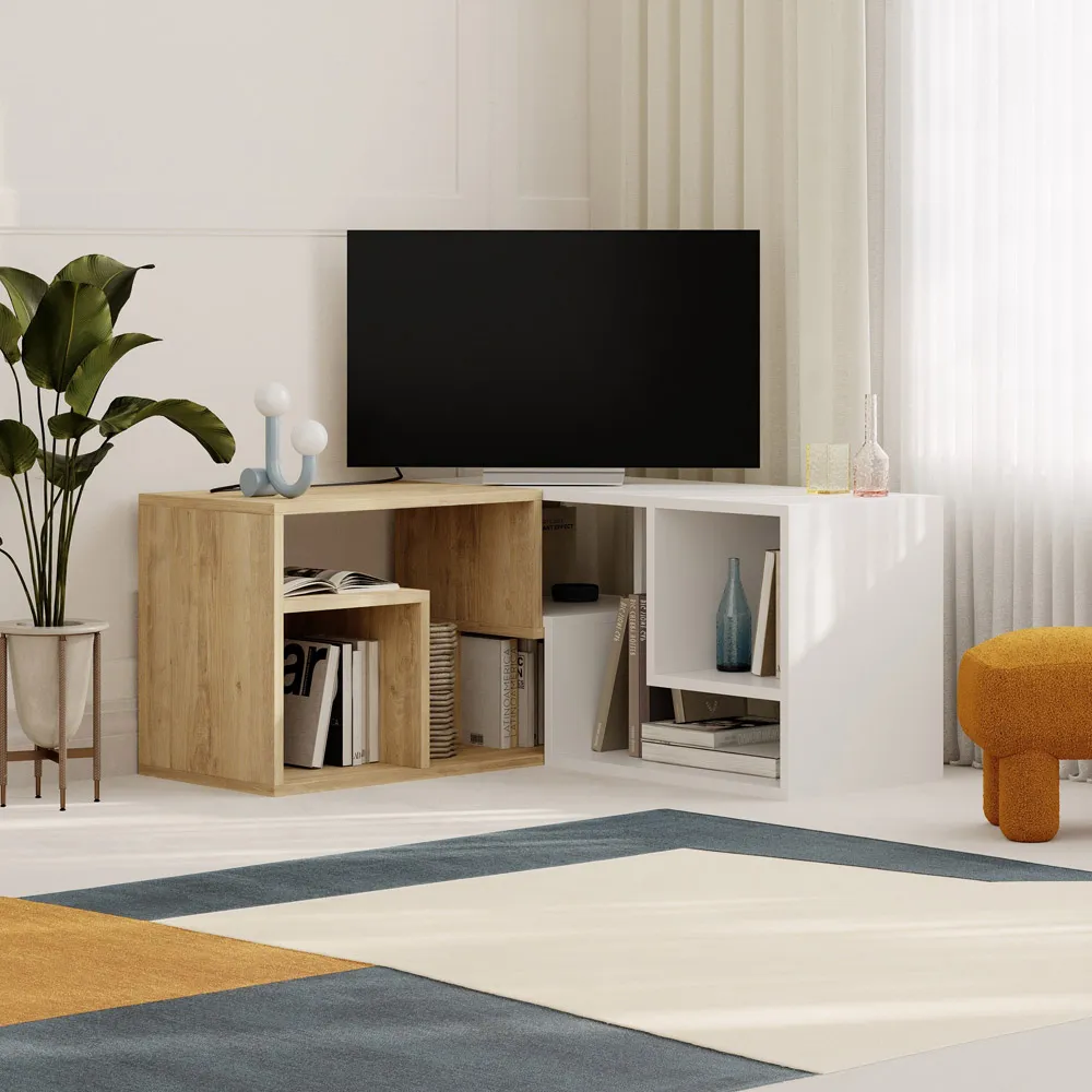 Glis 6 Shelf Corner TV Unit - Oak, White