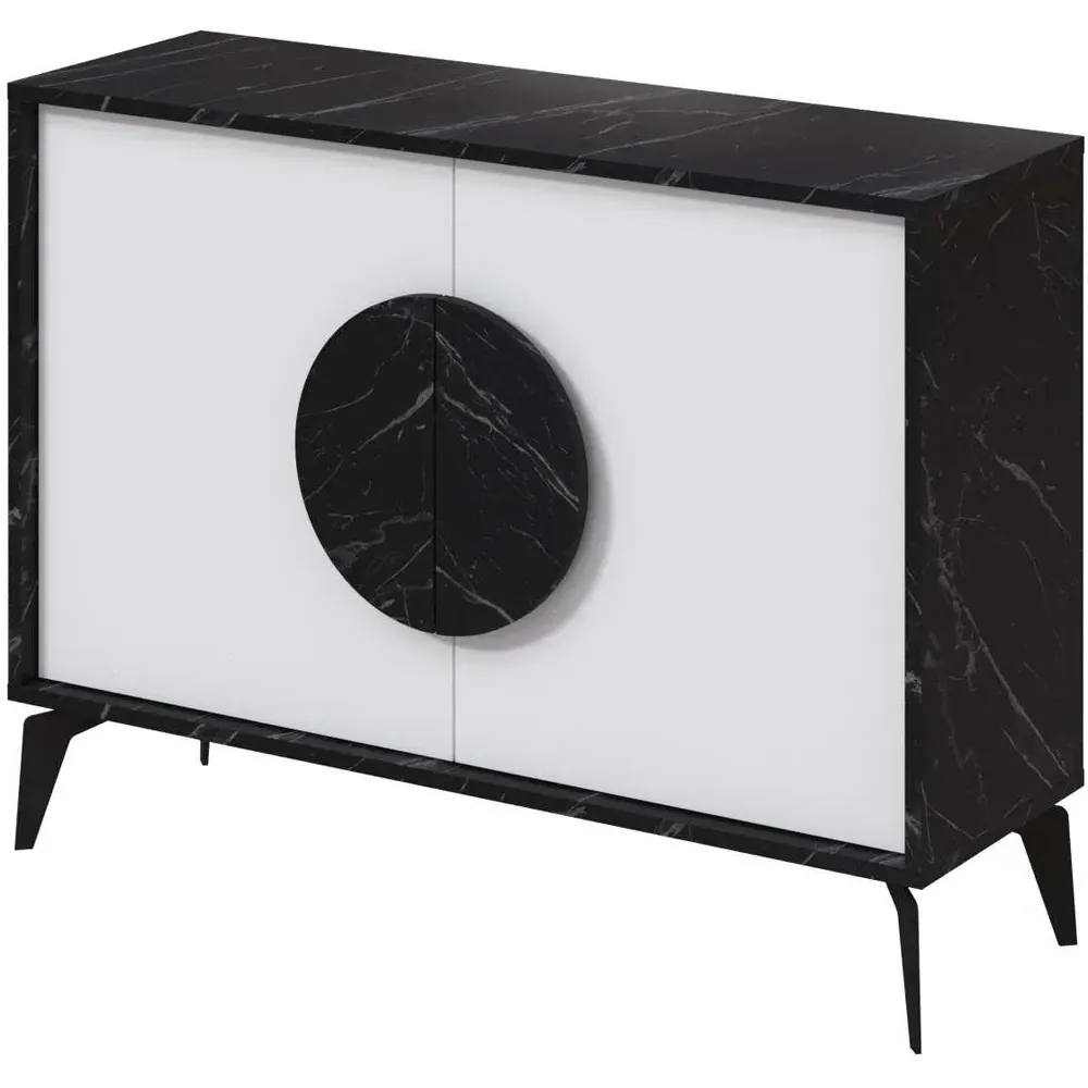Gora 2 Door Console Sideboard - Black Marble Effect, White