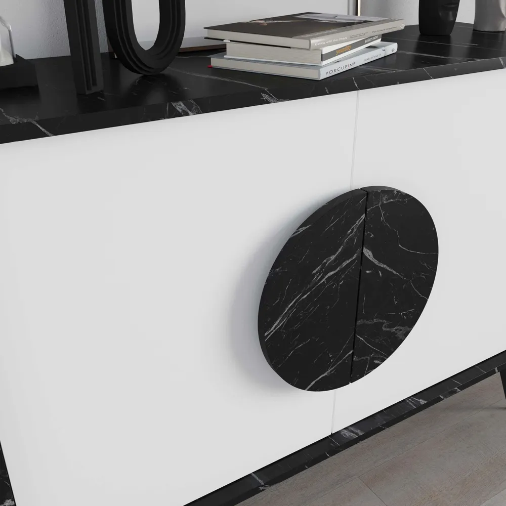Gora 2 Door Console Sideboard - Black Marble Effect, White