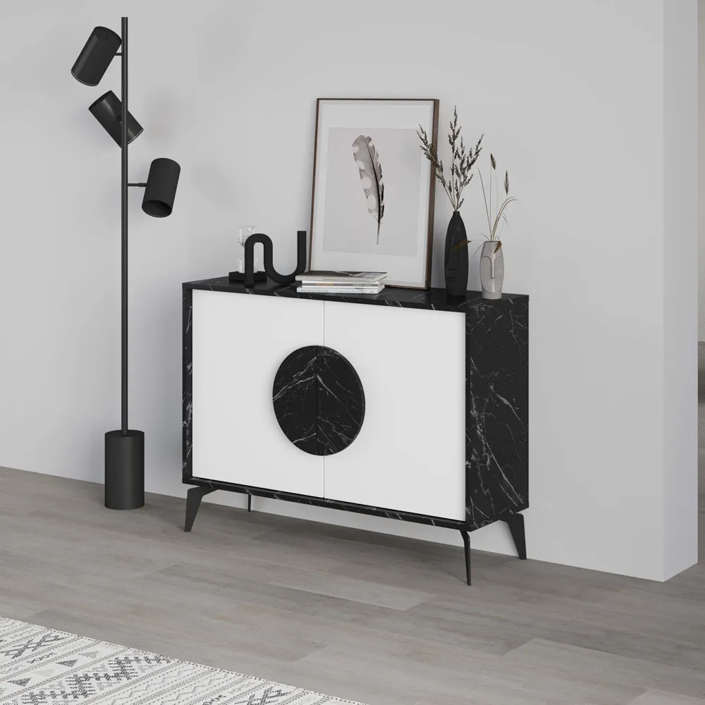 Gora 2 Door Console Sideboard - Black Marble Effect, White