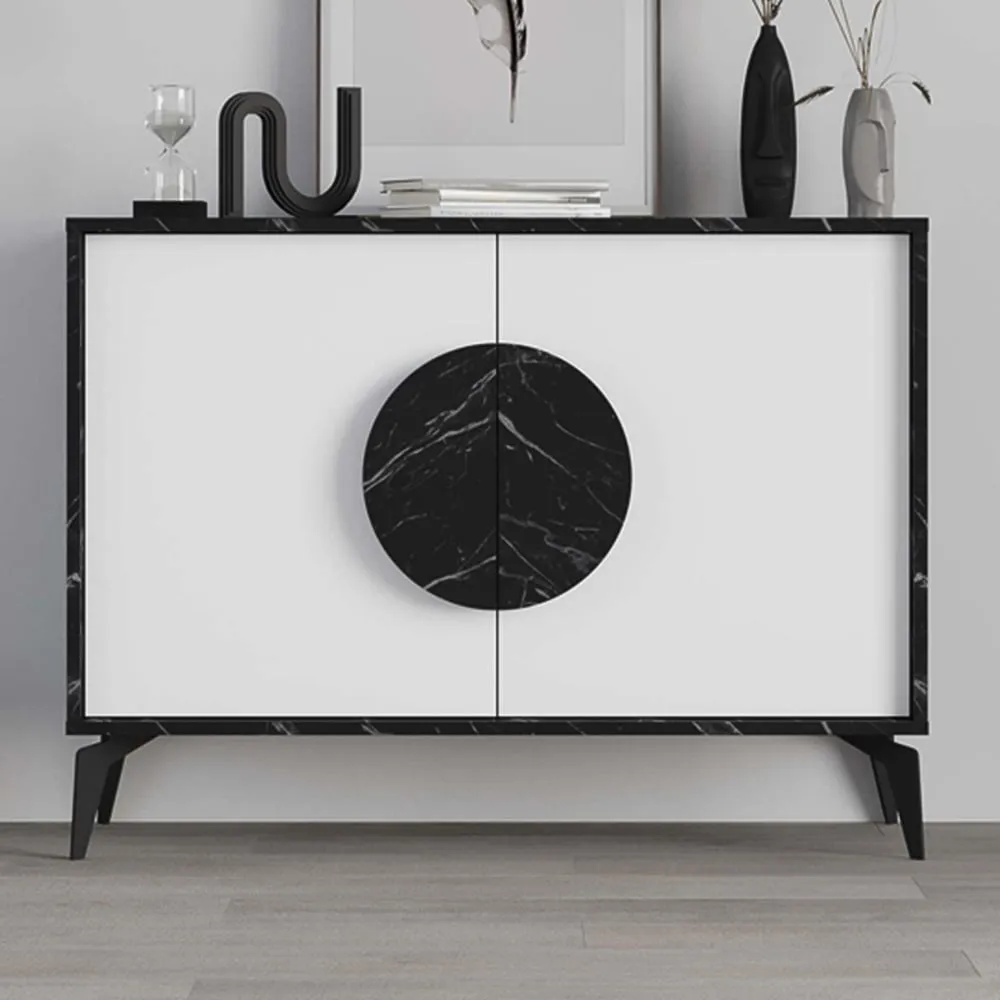 Gora 2 Door Console Sideboard - Black Marble Effect, White