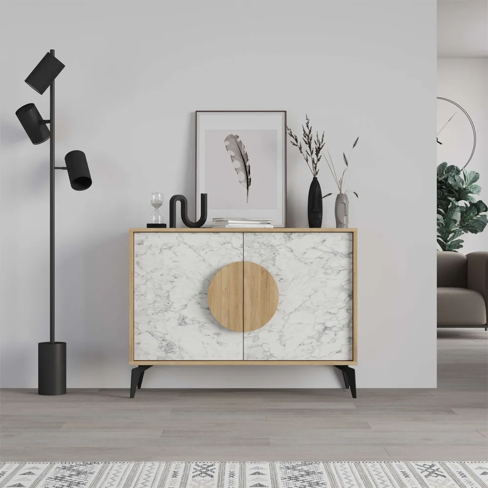 Gora 2 Door Console Sideboard Display Unit - Oak, White Marble