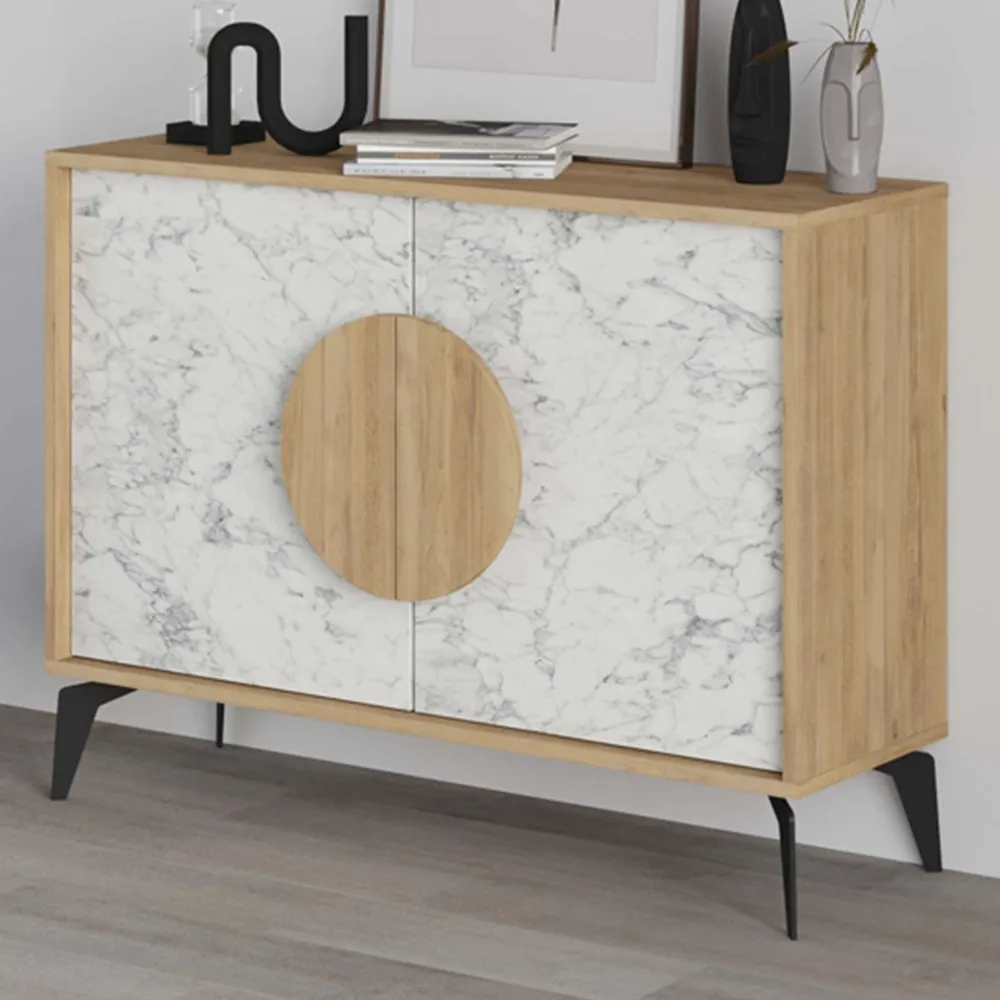 Gora 2 Door Console Sideboard Display Unit - Oak, White Marble