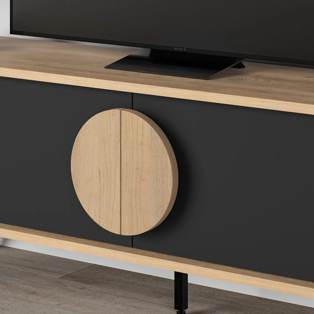 Gora 2 Door TV Unit with Circle Handle - Black, Engineered Wood