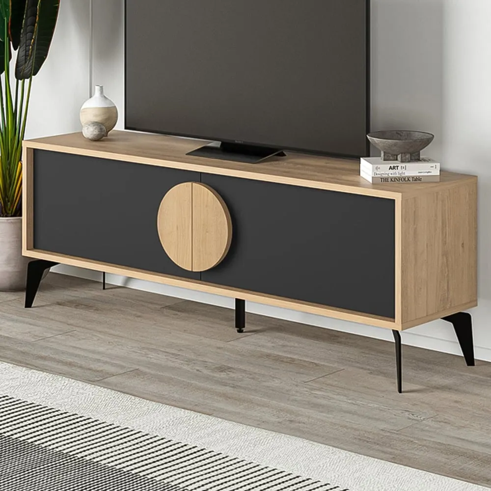 Gora 2 Door TV Unit with Circle Handle - Black, Engineered Wood image