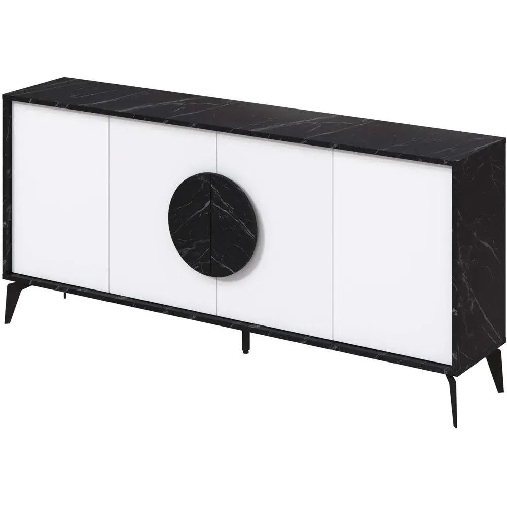 Gora 4 Door Sideboard with Circle Handle - Black, Marble Effect