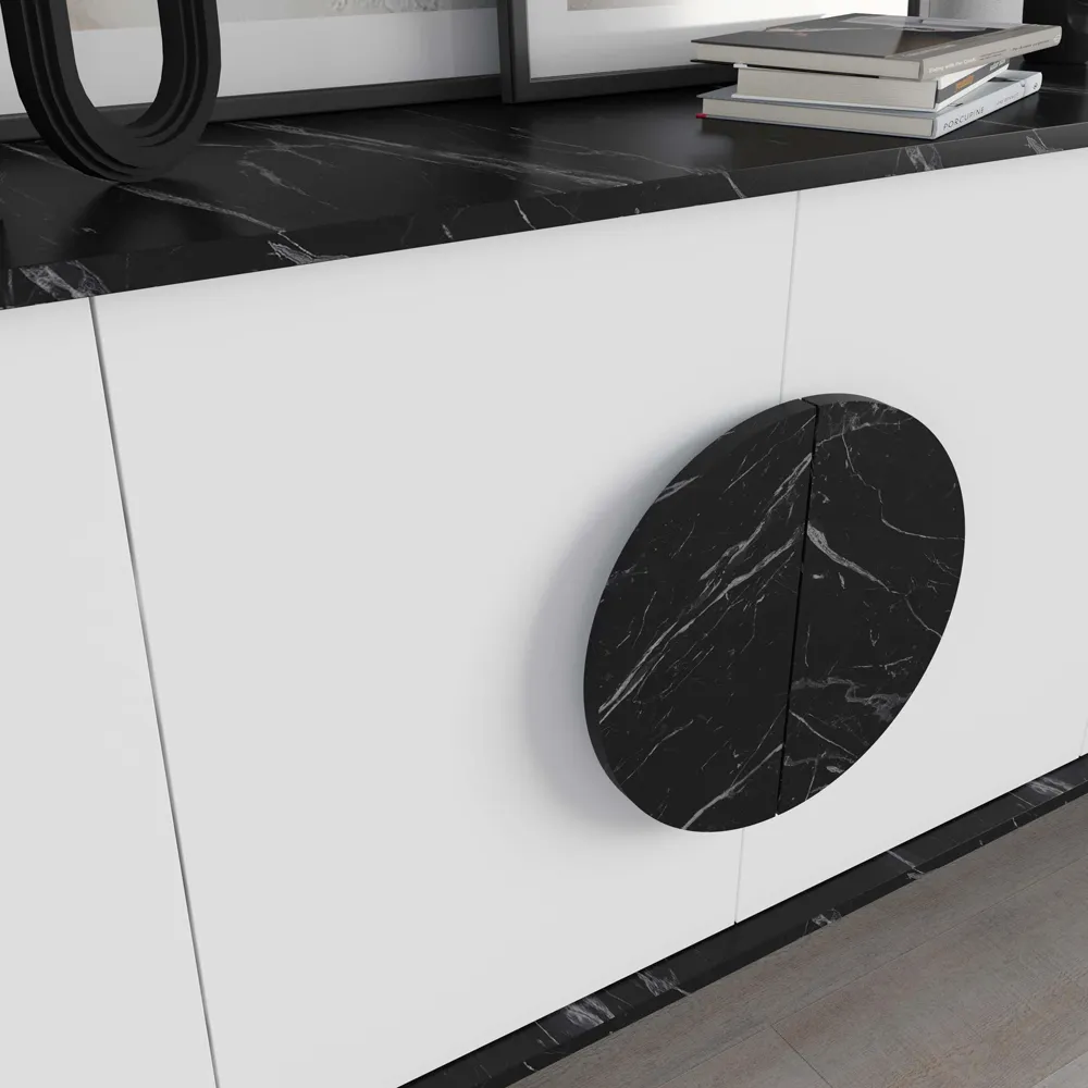 Gora 4 Door Sideboard with Circle Handle - Black, Marble Effect