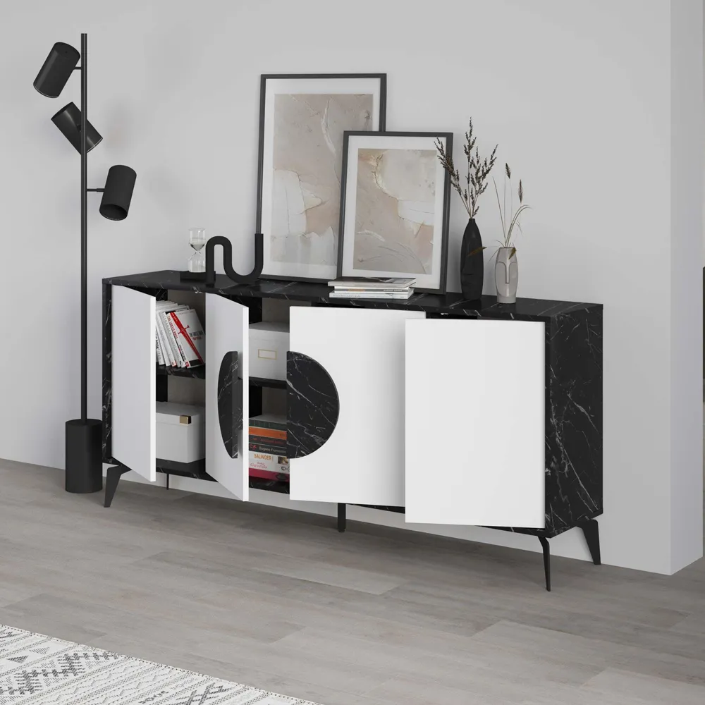 Gora 4 Door Sideboard with Circle Handle - Black, Marble Effect