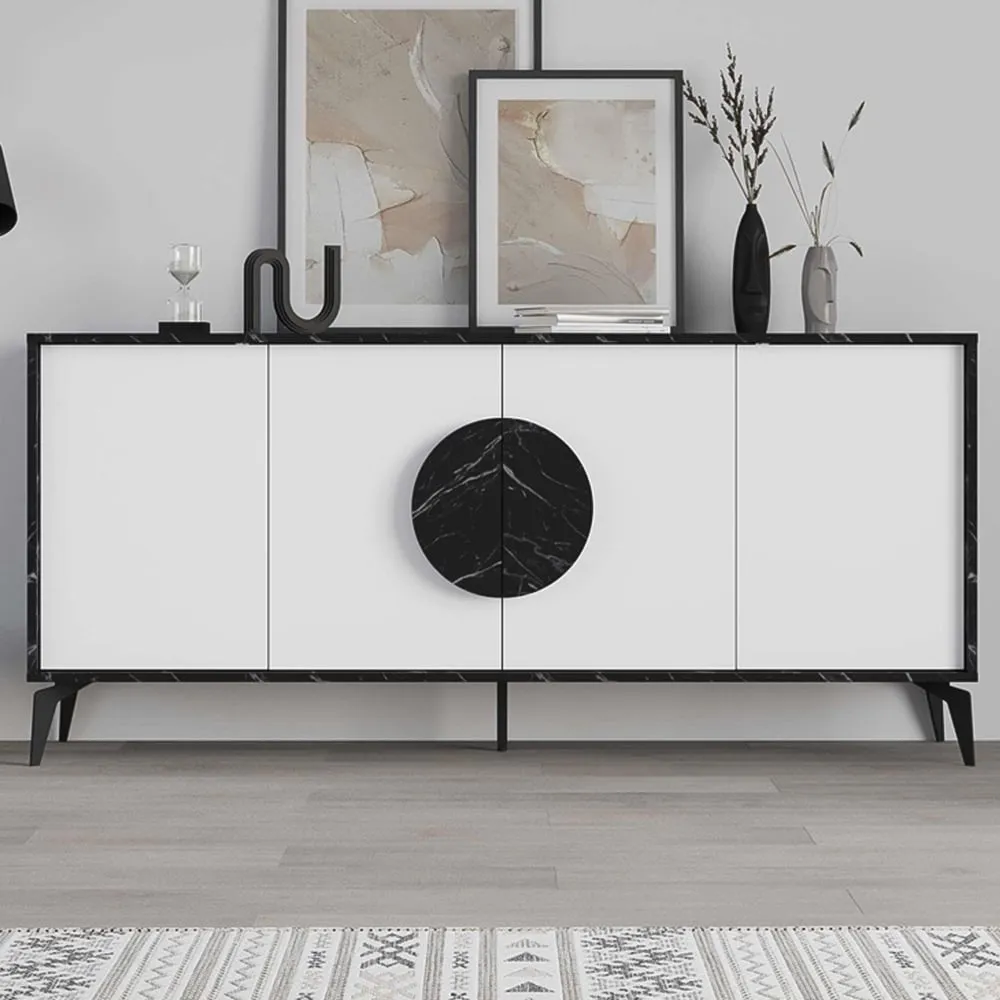 Gora 4 Door Sideboard with Circle Handle - Black, Marble Effect