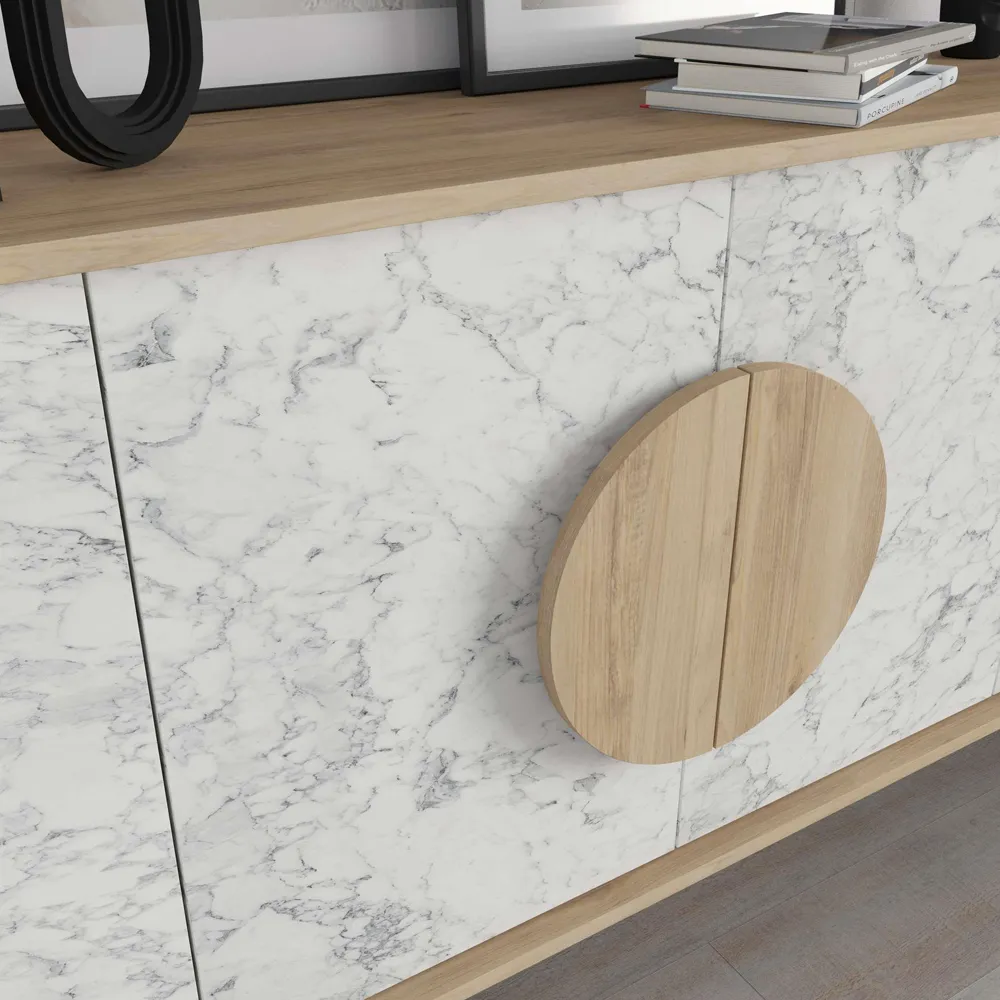 Gora 4 Door Sideboard with Circle Handle - Oak, Marble Effect