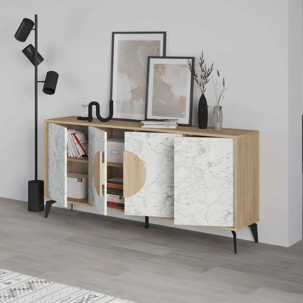 Gora 4 Door Sideboard with Circle Handle - Oak, Marble Effect