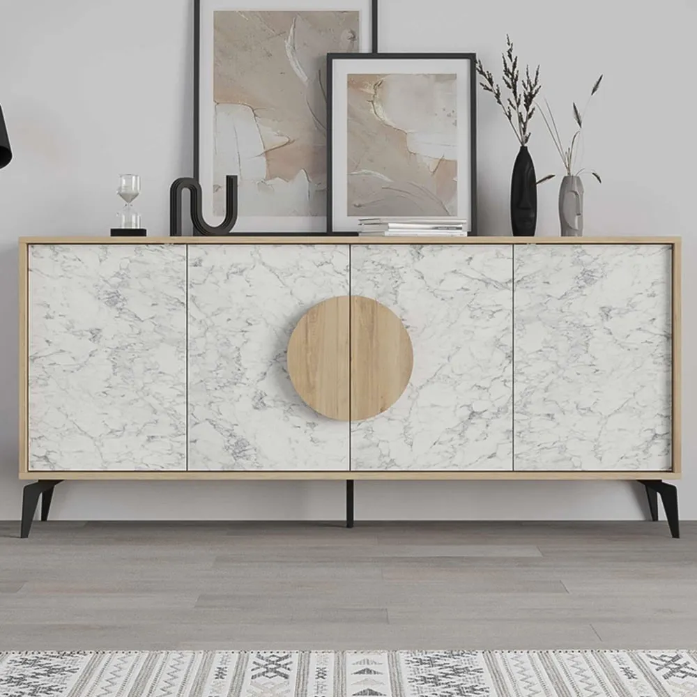 Gora 4 Door Sideboard with Circle Handle - Oak, Marble Effect