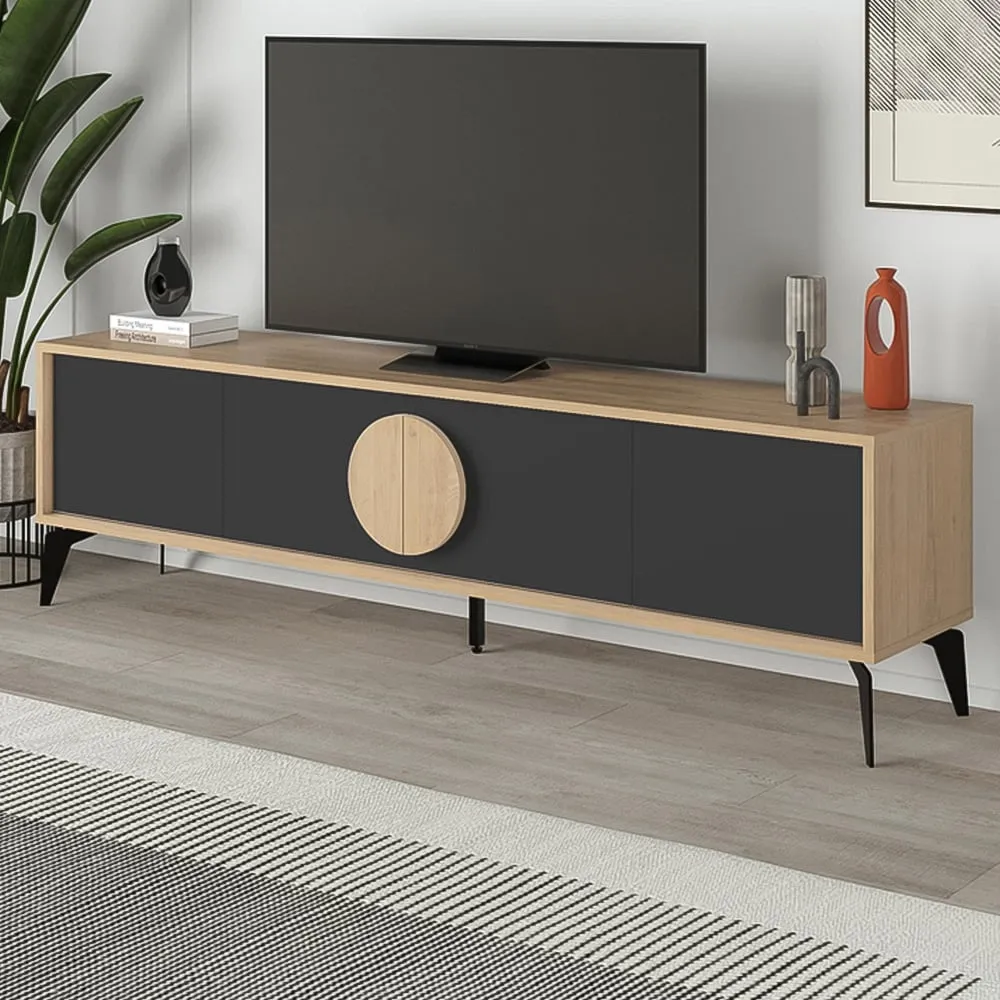 Gora 4 Door TV Unit with Circle Handle - Oak, Black image