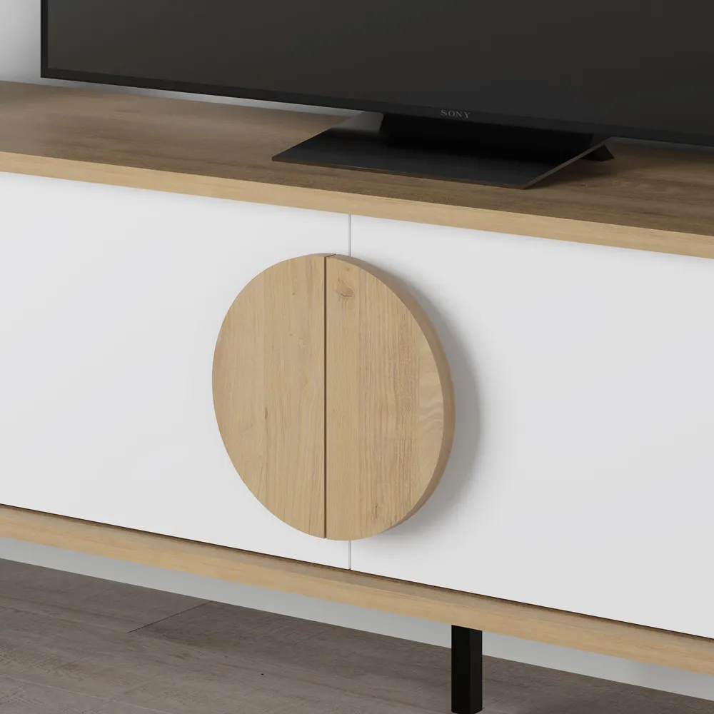 Gora 4 Door TV Unit with Circle Handle - Oak, White