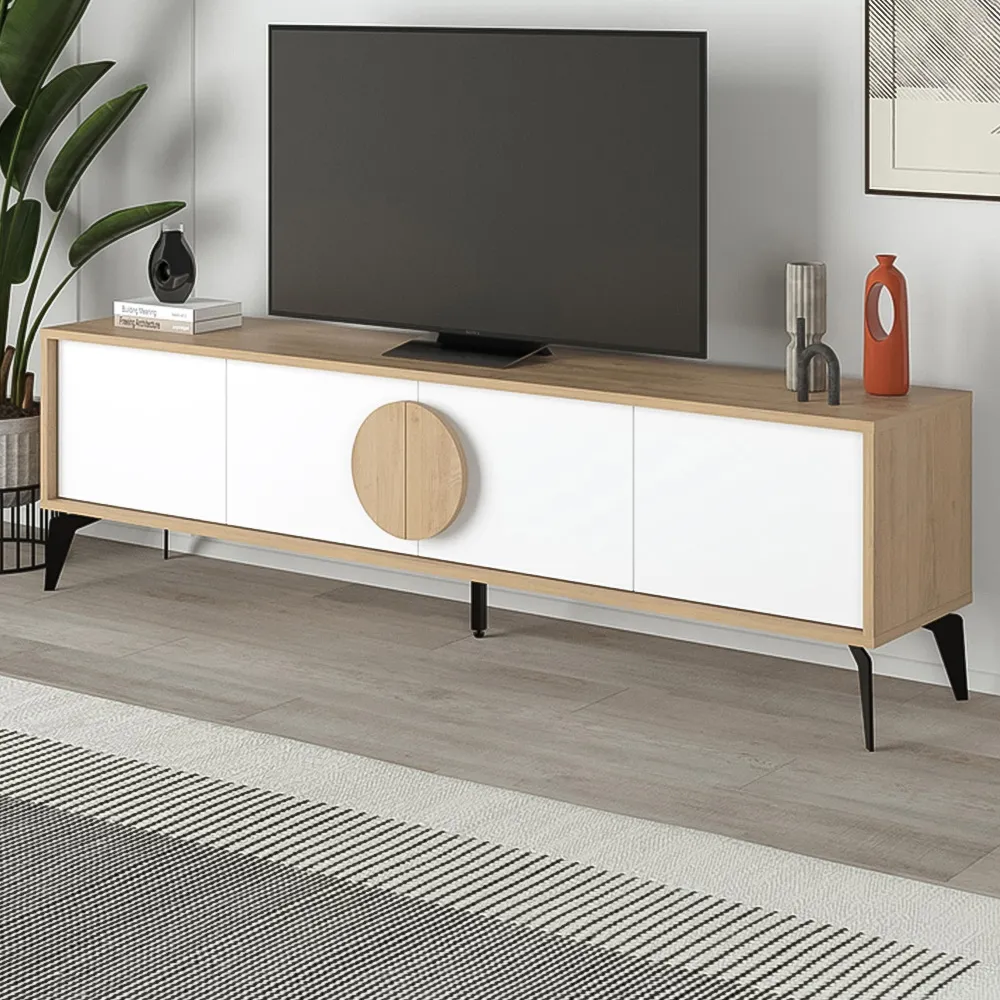 Gora 4 Door TV Unit with Circle Handle - Oak, White