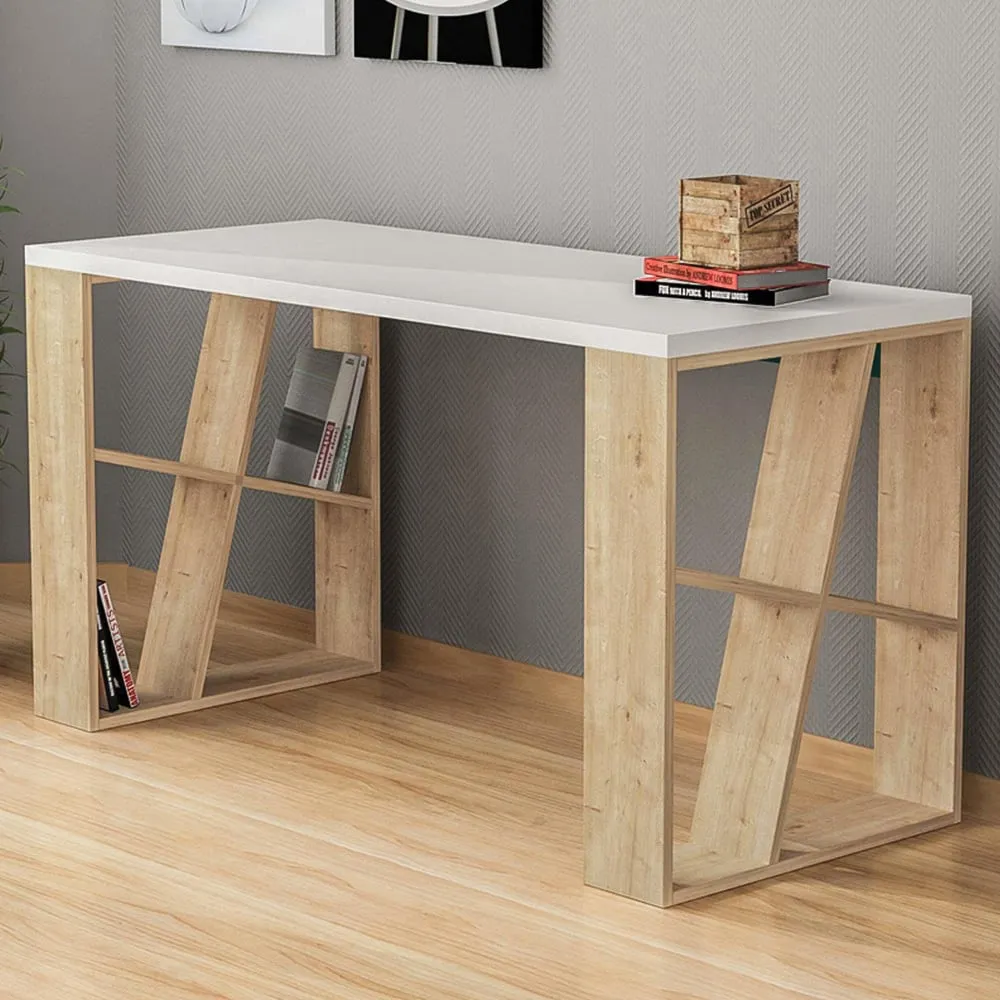 Honey 8 Shelf Desk with Bookcase - White, Oak image