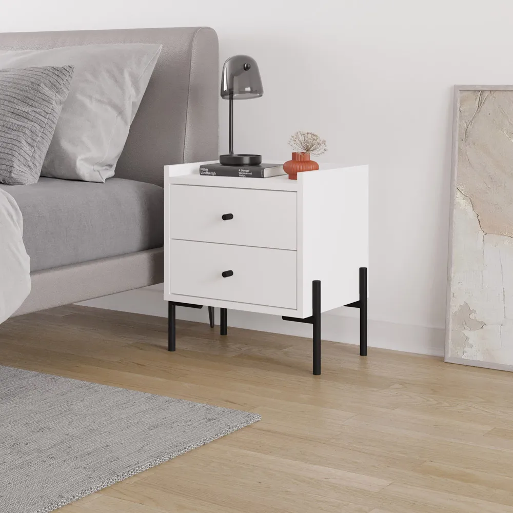 Malta 2 Drawer Bedside Table - White, Engineered Wood