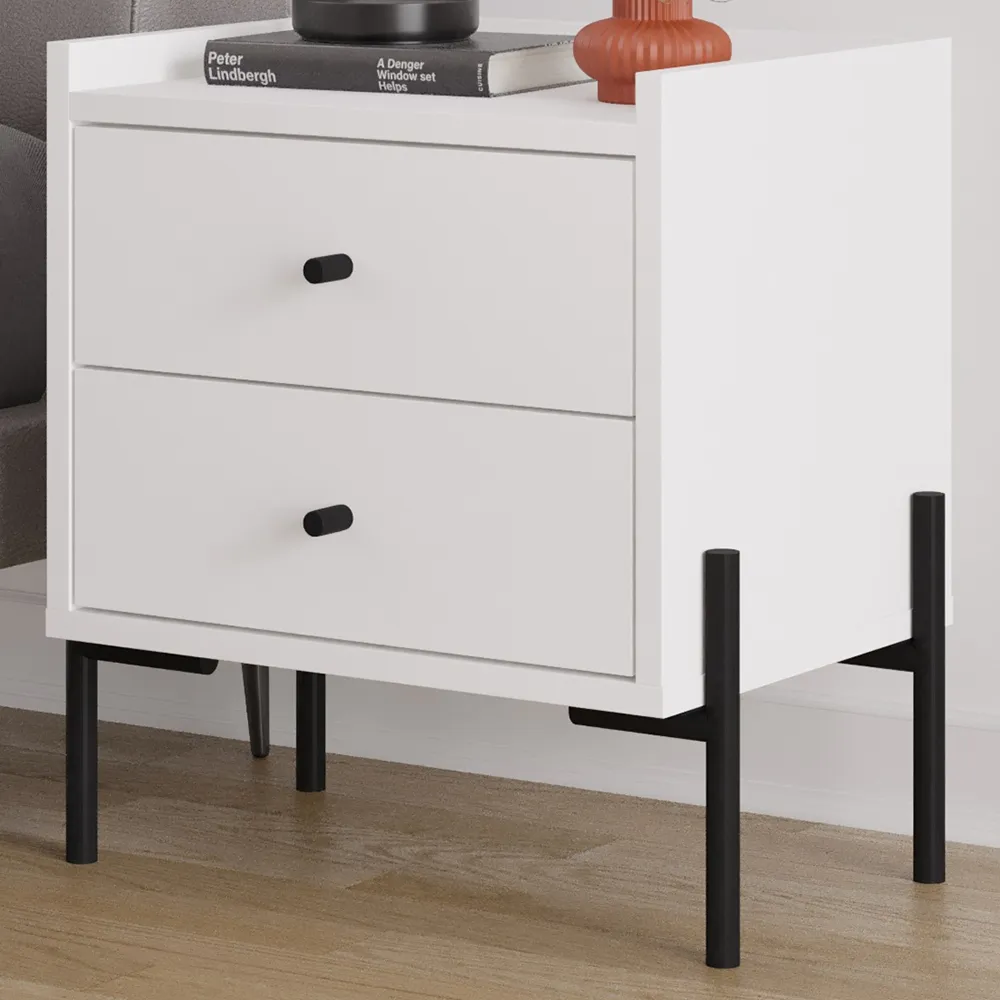 Malta 2 Drawer Bedside Table - White, Engineered Wood