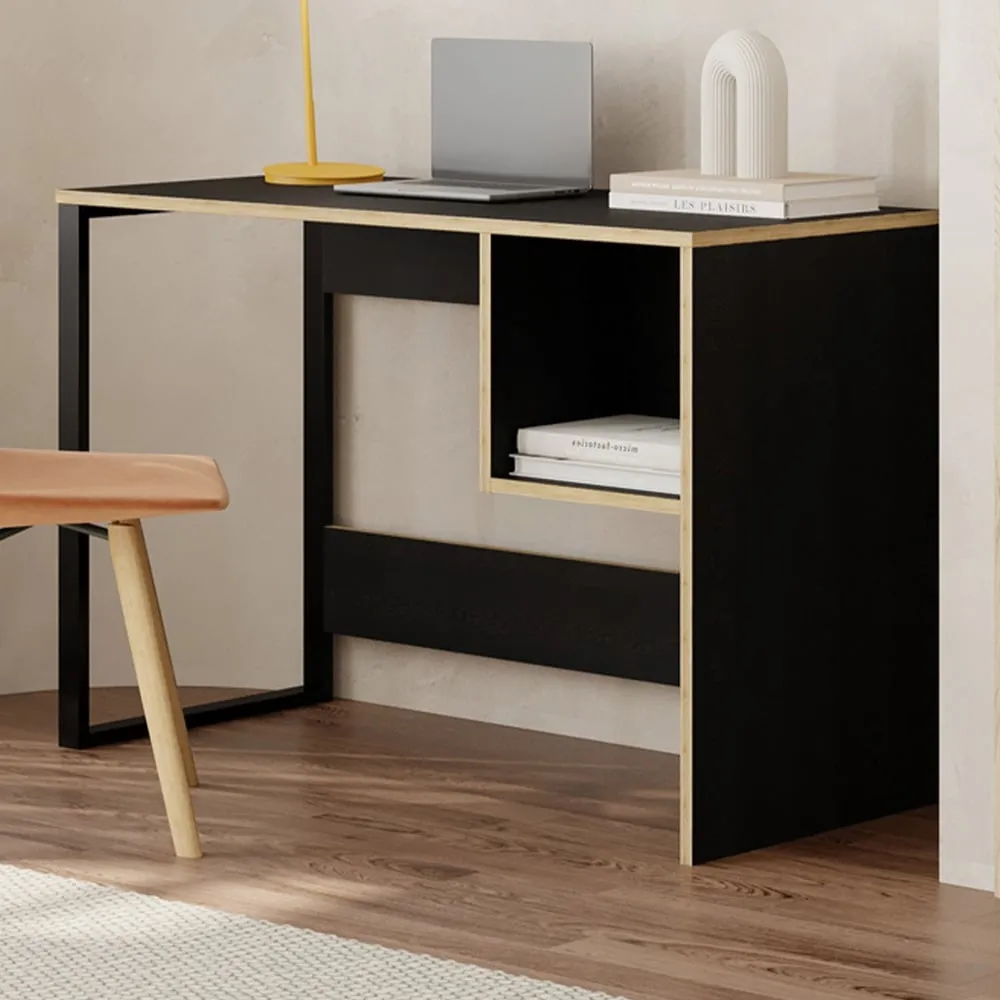Model Single Shelf Computer Desk with Storage - Black, Plywood