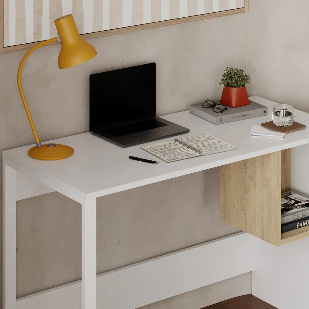 Model Single Shelf Computer Desk with Storage - White, Oak