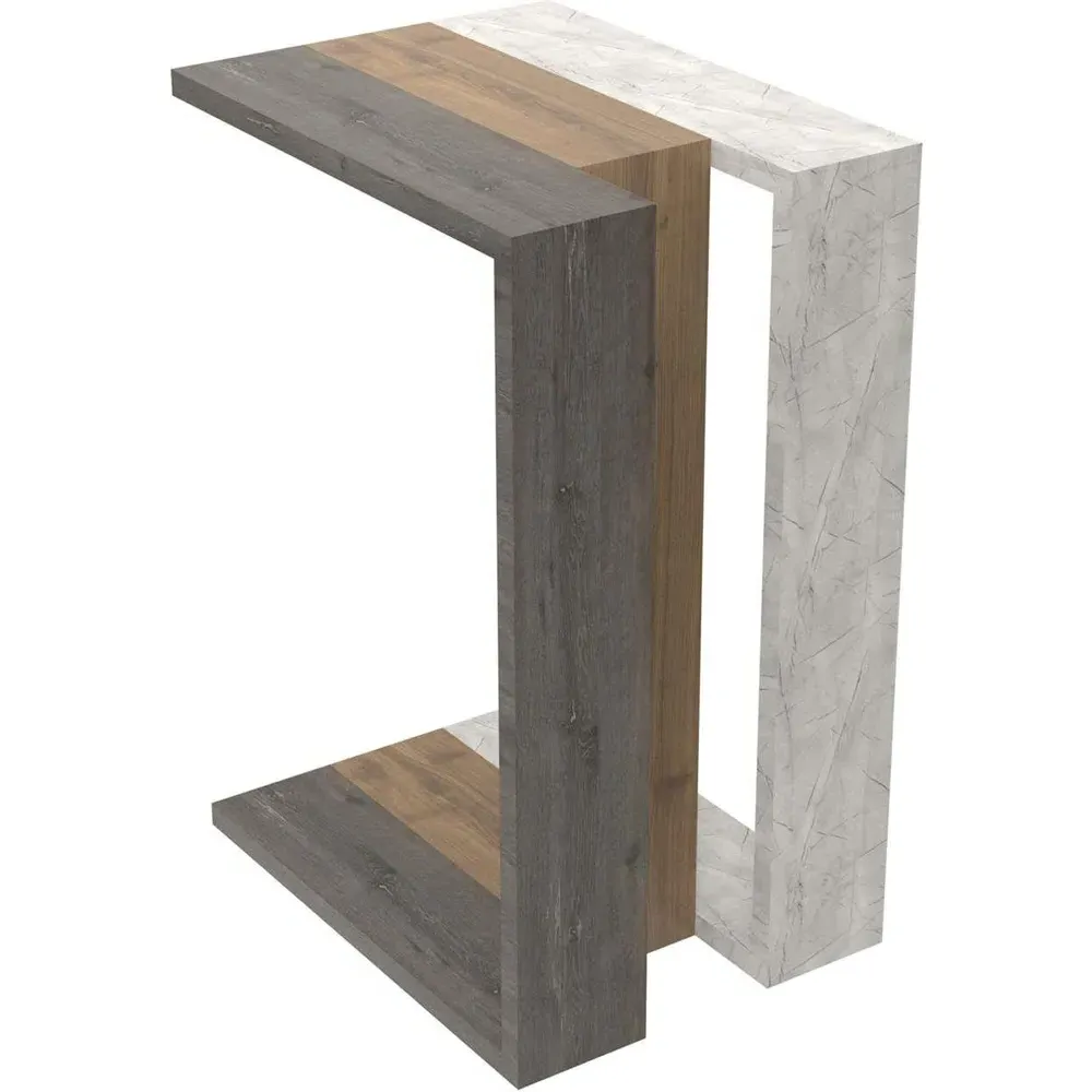 Muju C Shape Side Table - Oak, Dark Coffee Gold Marble