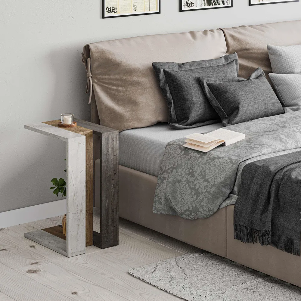 Muju C Shape Side Table - Oak, Dark Coffee Gold Marble