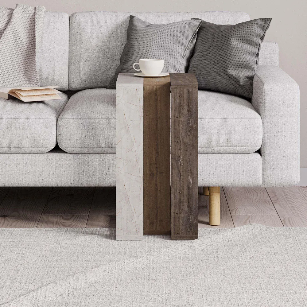 Muju C Shape Side Table - Oak, Dark Coffee Gold Marble