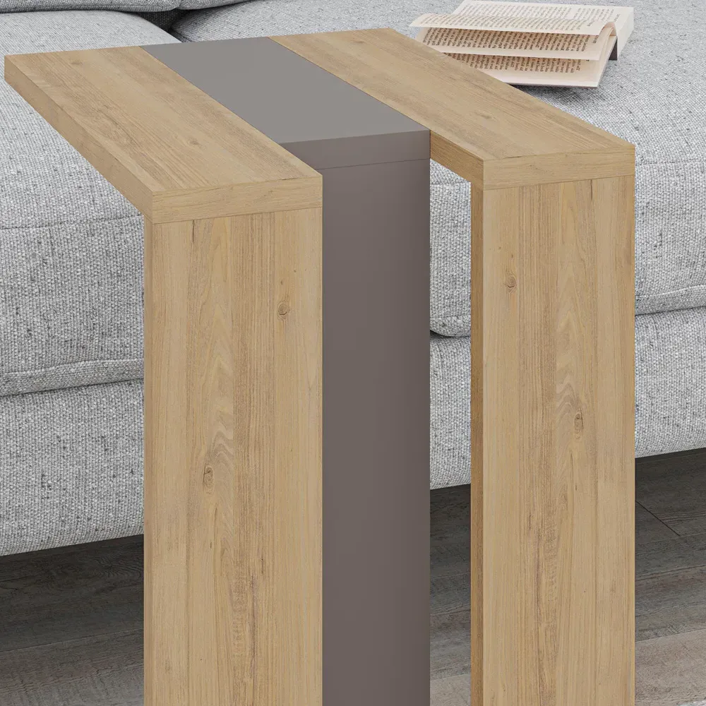 Muju C Shape Side Table with Side Support - Oak, Mocha Grey