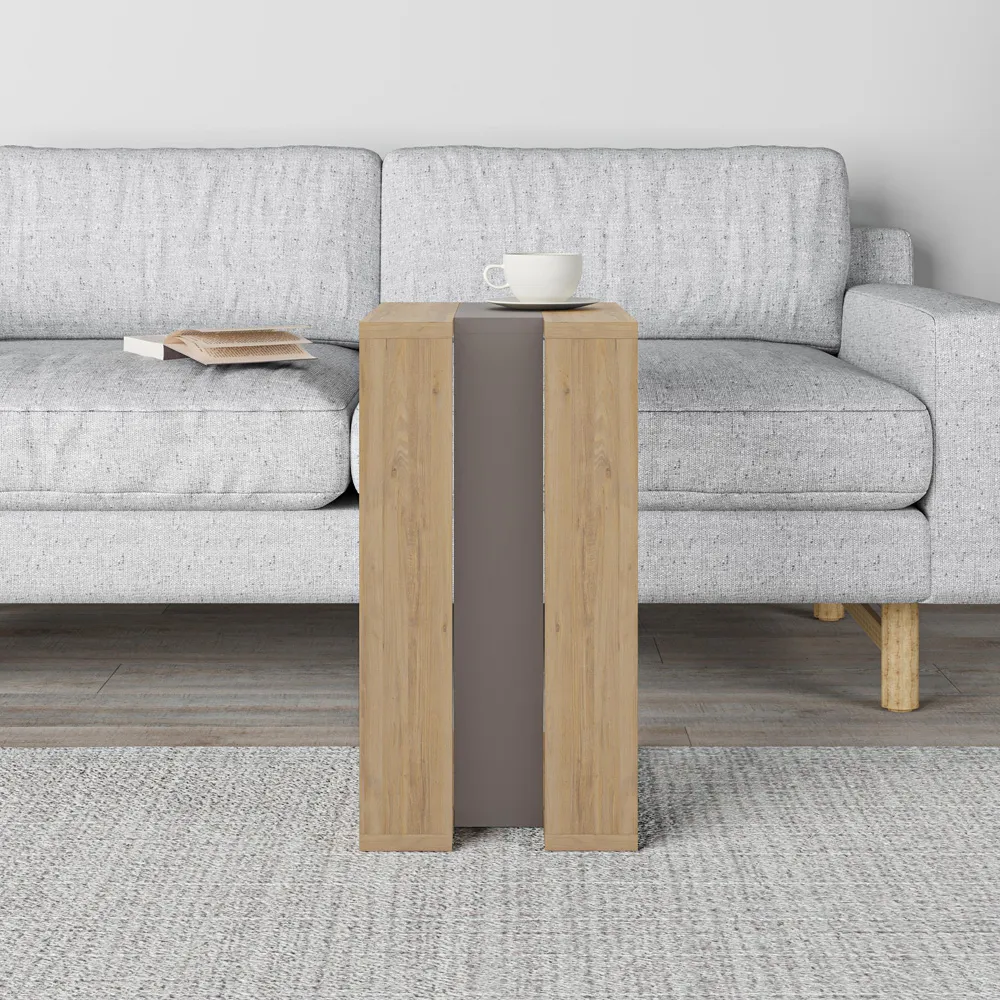 Muju C Shape Side Table with Side Support - Oak, Mocha Grey
