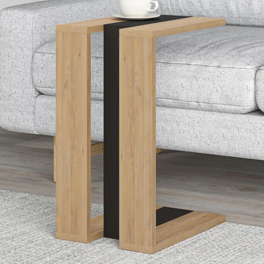 Muju C Shape Side Table with Side Support - Oak, Silky Black