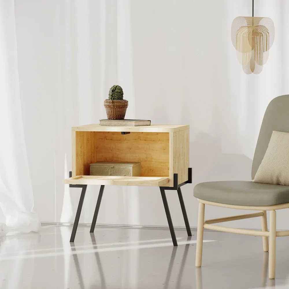 Naive Bedside Table with Storage - Cream, Oak