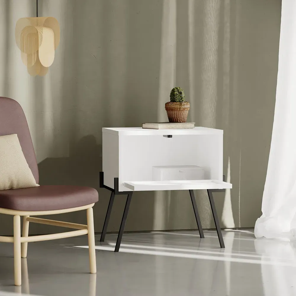Naive Bedside Table with Storage - White