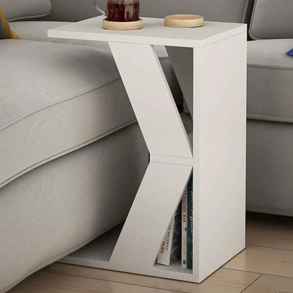 Naze C-Shape Side Table with Shelf - White