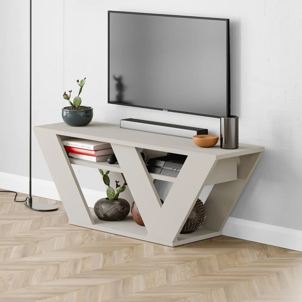 Pipralla 2 Shelf TV Unit with Storage - Cream, Sandstone Effect