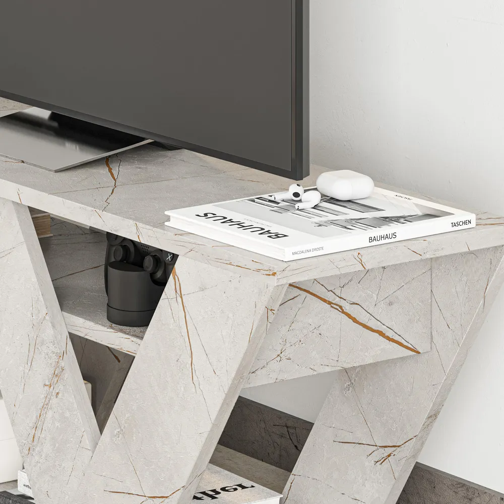 Pipralla 2 Shelf TV Unit with Storage - Gold, Marble Effect