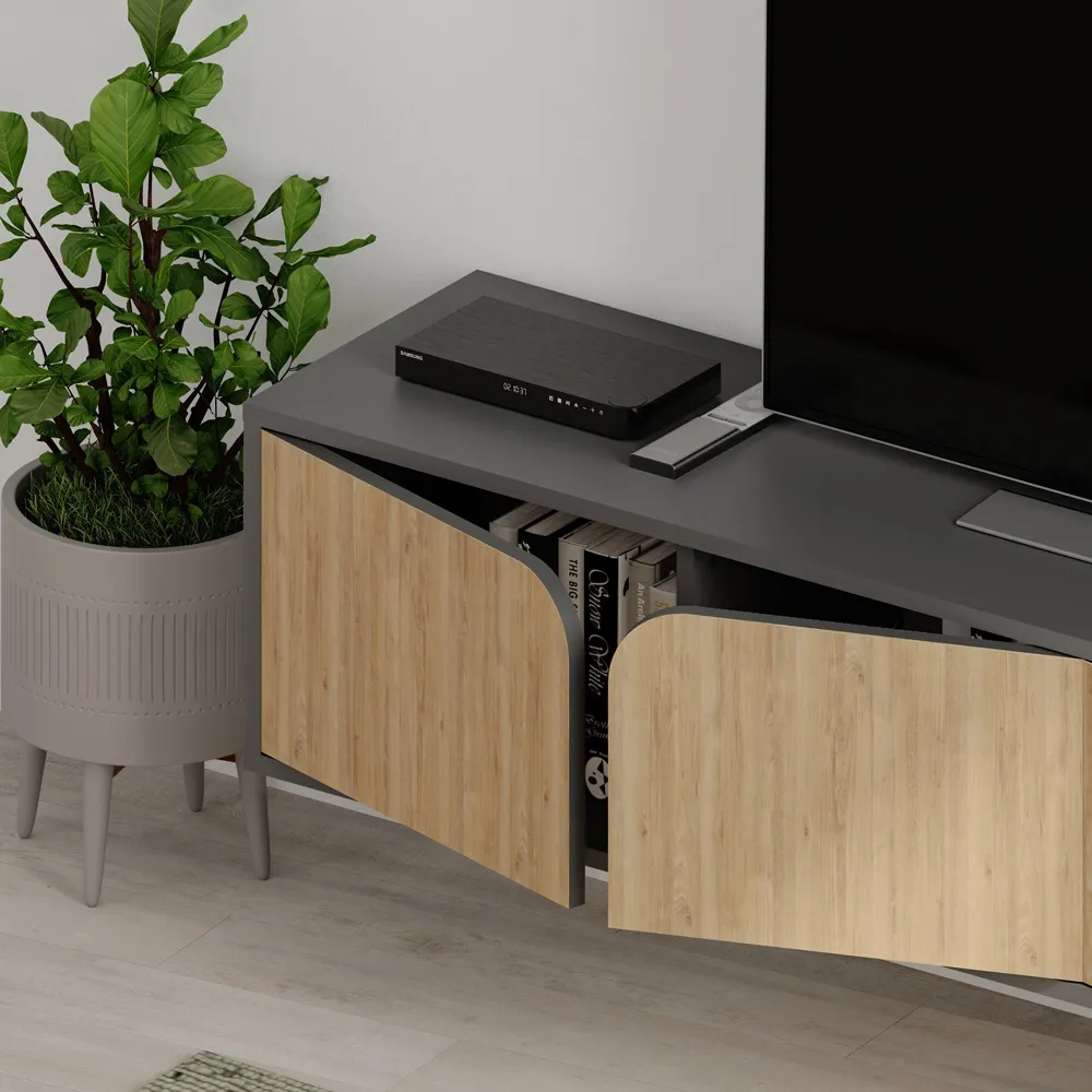 Spark 4 Door TV Unit with Storage - Anthracite Grey, Oak