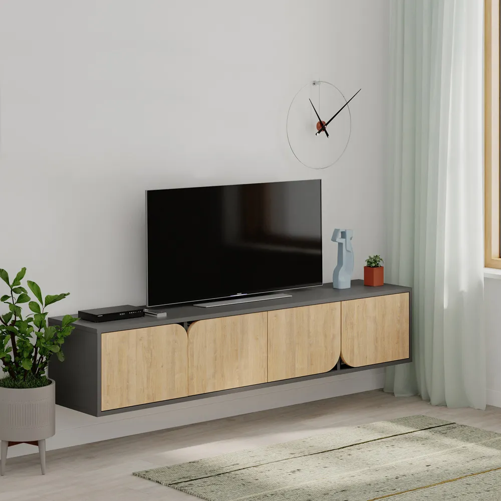 Spark 4 Door TV Unit with Storage - Anthracite Grey, Oak