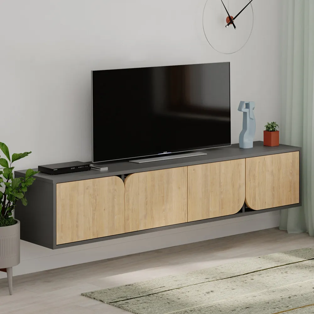 Spark 4 Door TV Unit with Storage - Anthracite Grey, Oak image