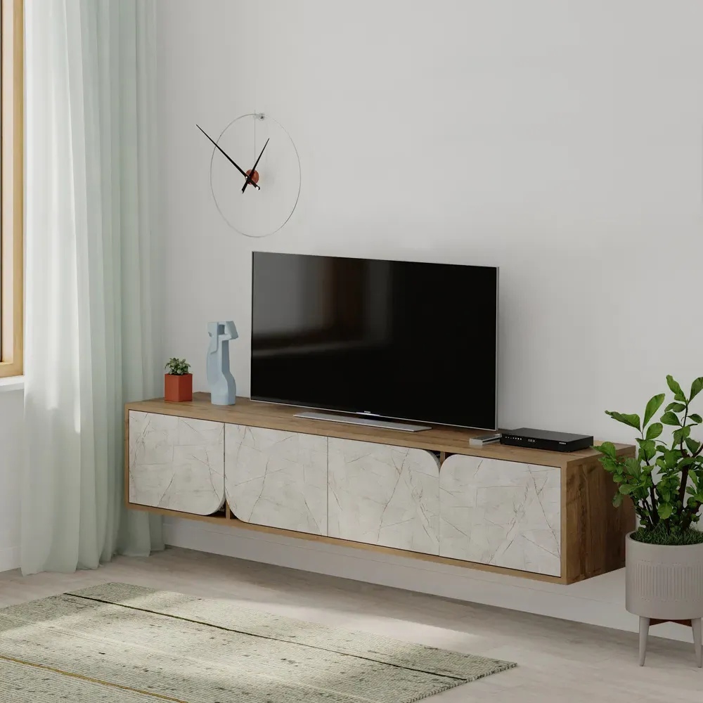 Spark 4 Door TV Unit with Storage - Gold Marble, Oak