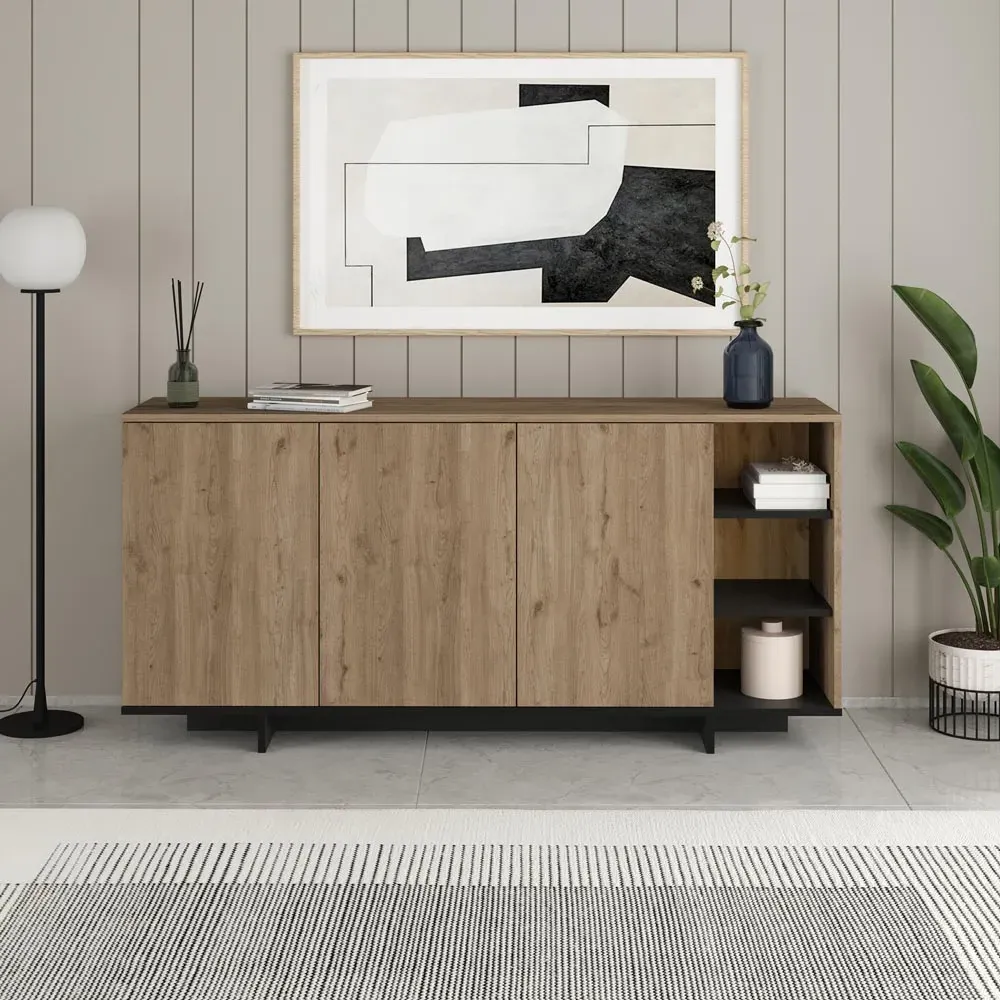 Stockton 3 Door Sideboard - Oak Effect, Black
